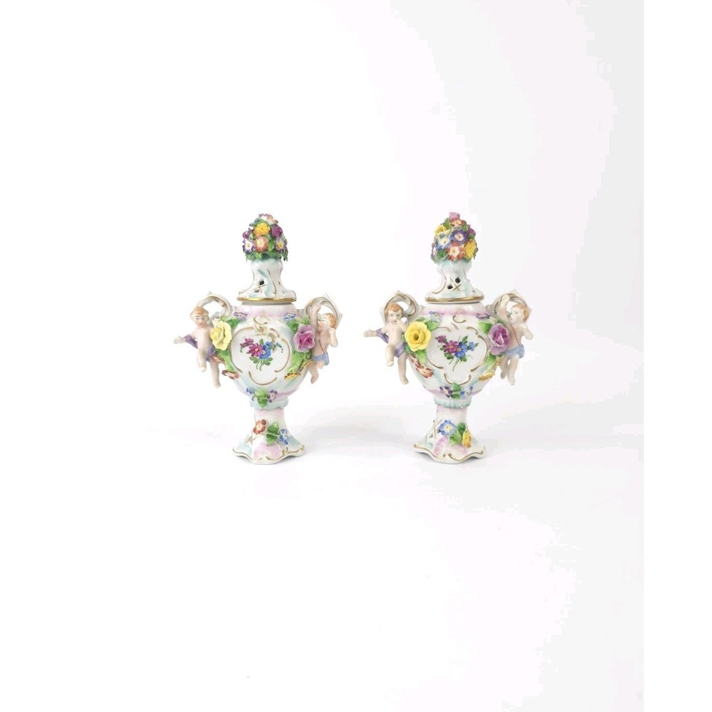 19th Century Von Schierholz Cherubic Compote Lidded Urns Pair PLS Read